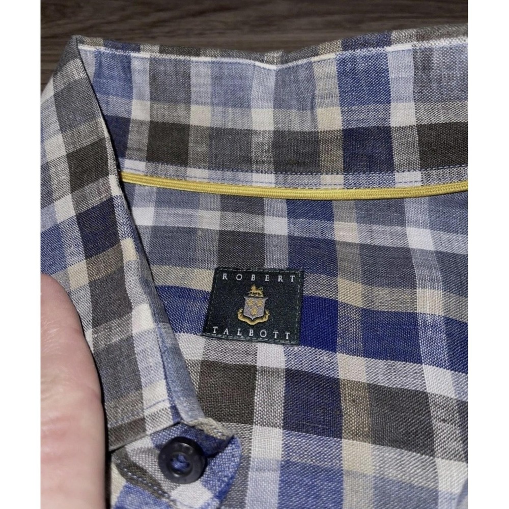 Robert Talbott Shirt Mens L Blue Plaid Linen Short Sleeve Button Up Casual - Picture 3 of 8